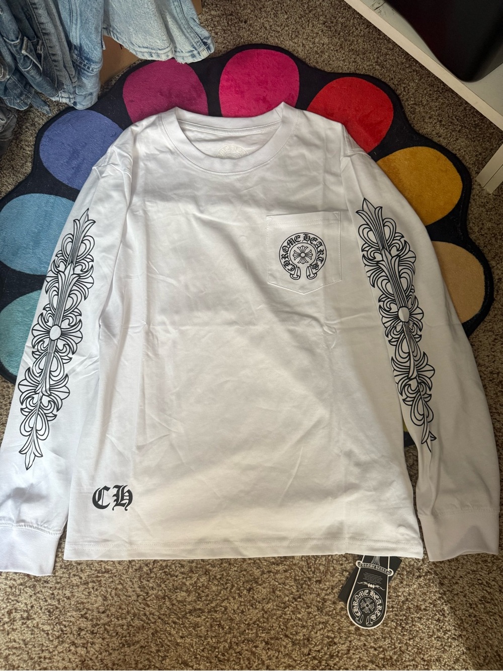 White Long-Sleeve Graphic Pocket Tee with Sleeve Print